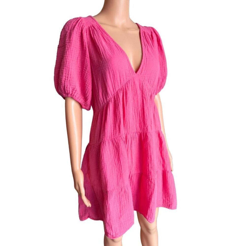 Xirena Nissa Pink Cotton Gauze Tiered Mini Dress V Neck Open Tie Back Large - Picture 6 of 9